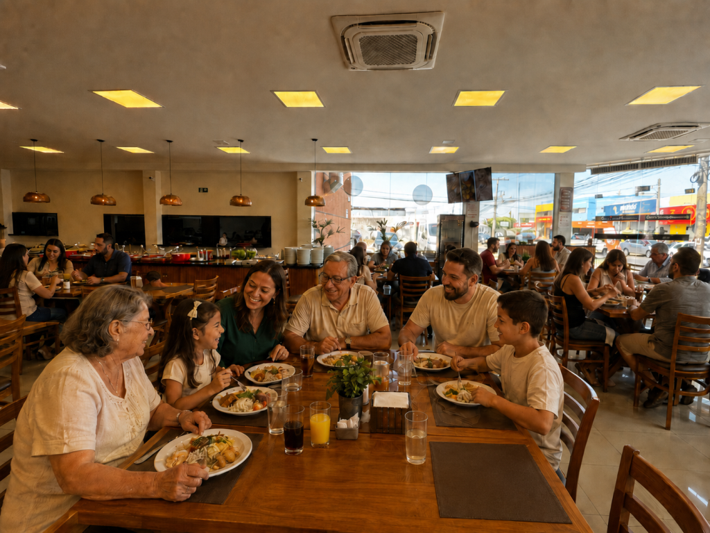 Família reunida almoçando no domingo em restaurante de Campo Grande