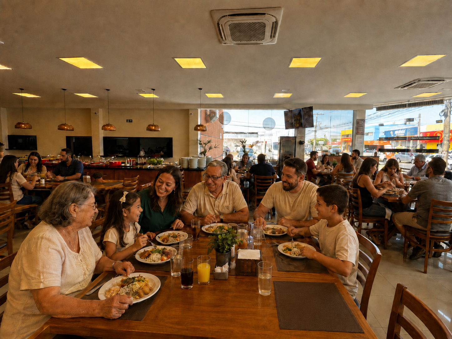 Família reunida almoçando no domingo em restaurante de Campo Grande